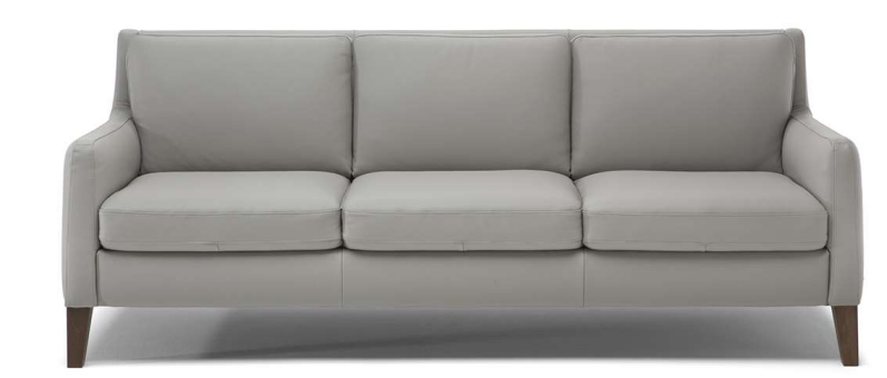 Gray three-seat sofa with dark wood legs on a white background.