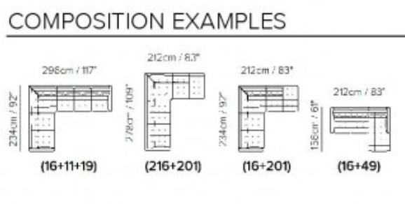 Technical diagram showing four L-shaped sofa configuration options with corresponding dimensions in centimeters and inches.