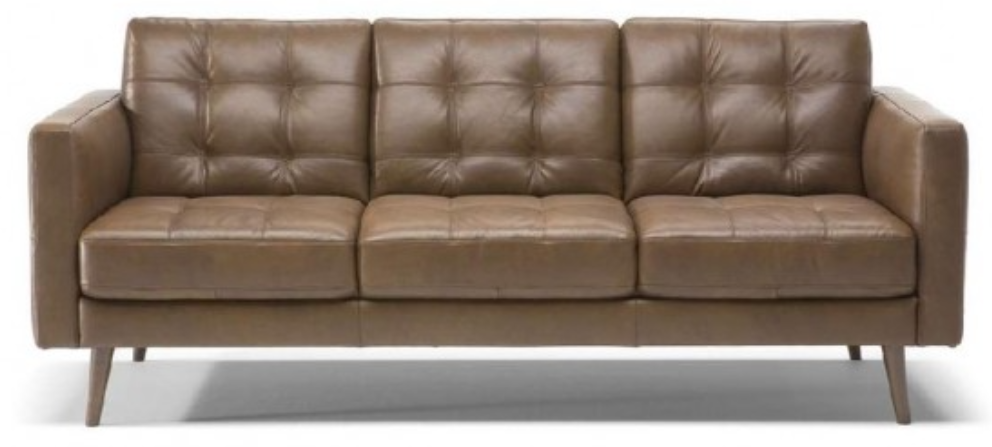 Gray leather sectional sofa with tufted cushions and wooden legs.