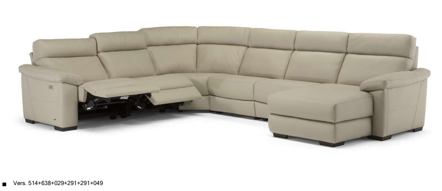 Beige sectional sofa with a reclining seat and chaise lounge.