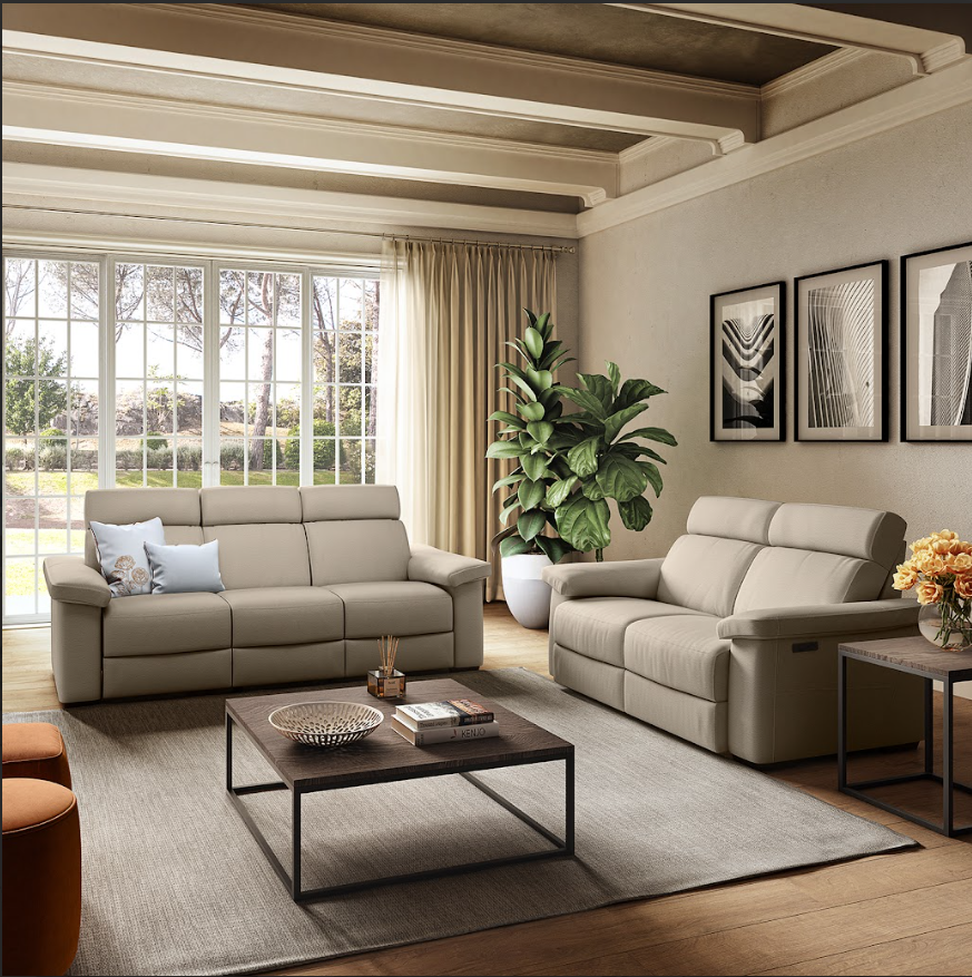 Gray leather recliner chair, footrest extended.