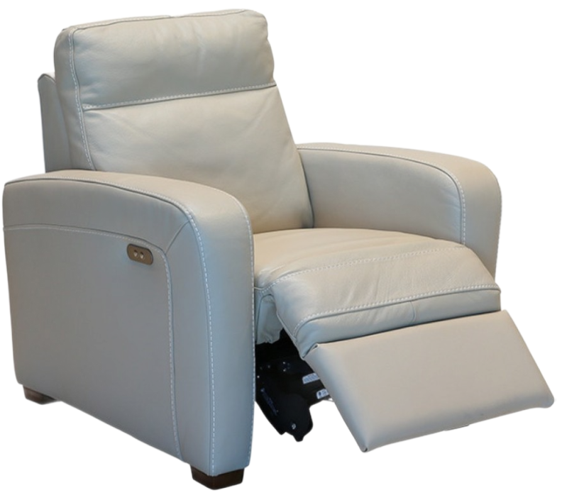 Cream-colored leather recliner chair with the footrest extended and the back upright.
