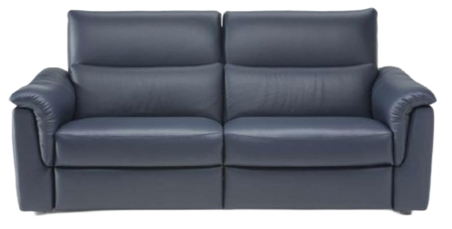 Blue leather two-seater sofa with two reclining seat sections.