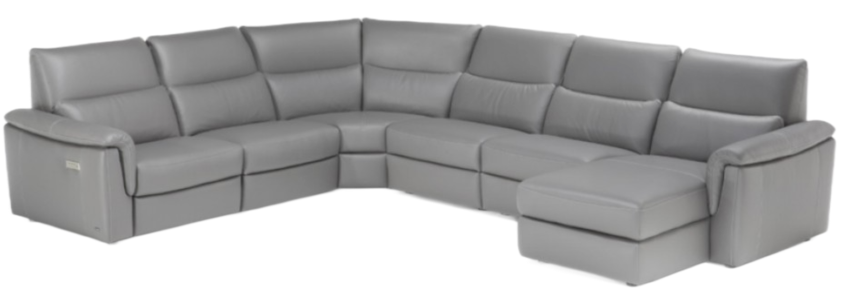Gray leather sectional sofa with a chaise lounge.