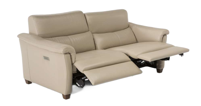 Brown leather recliner chair with footrest extended, in a studio setting.