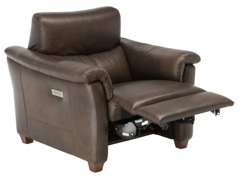 Brown leather recliner chair with footrest extended, in a studio setting.