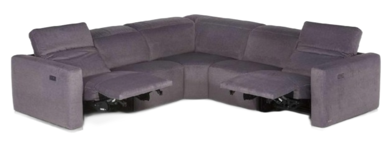 A sectional sofa with gray upholstery. Recliners are partially extended.