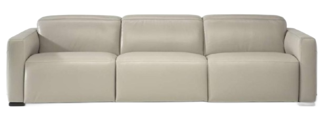 A light beige modern sofa with three sections and blocky arms.