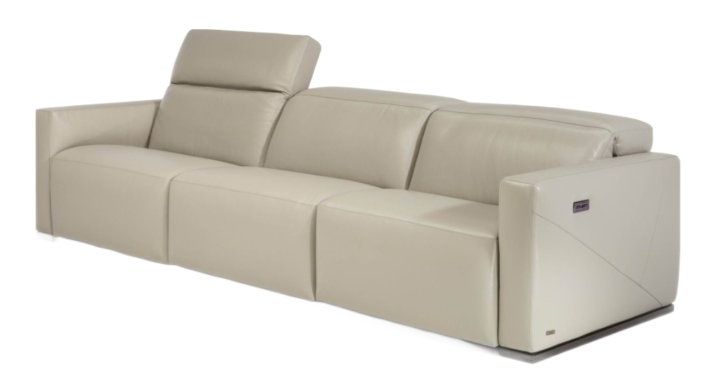 A light beige modern sofa with three sections and blocky arms.