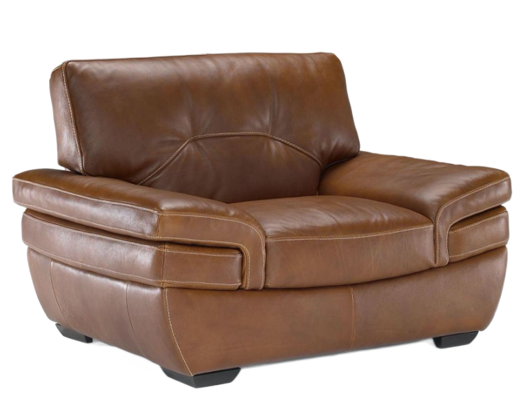 Brown leather armchair with curved arms and seat, light stitching.