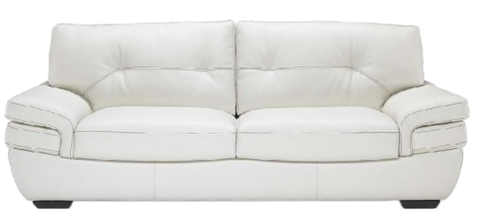 Brown leather sofa with two cushions and rolled arms.