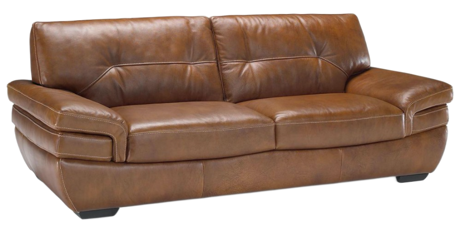 Brown leather sofa with two cushions and rolled arms.