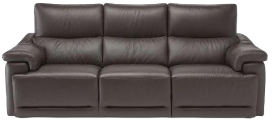 Brown leather reclining loveseat with one reclined seat.