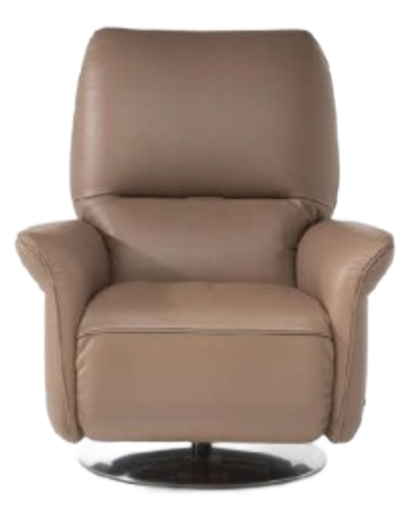 Tan leather recliner chair, fully reclined, with an armrest and footrest extended.