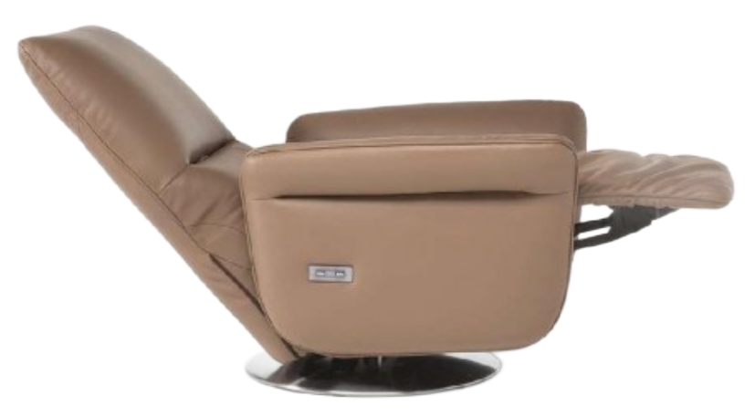 Tan leather recliner chair, fully reclined, with an armrest and footrest extended.