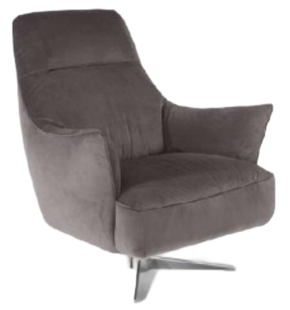 Gray swivel armchair with curved back and arms, on a metal base.
