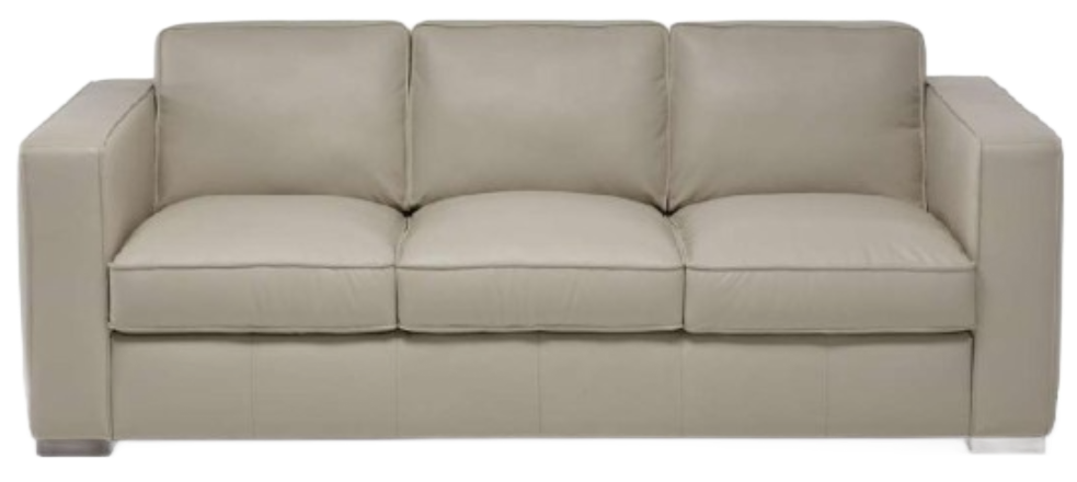 Tan three-seat leather sofa with boxy arms and back, on a white background.