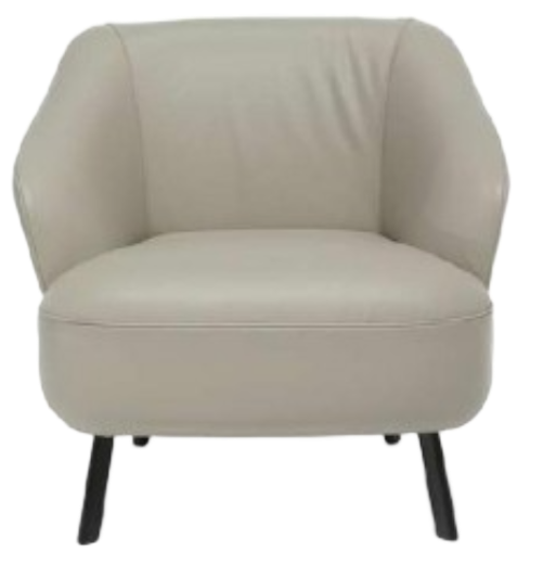 Cream-colored leather armchair with curved back and armrests, black legs.