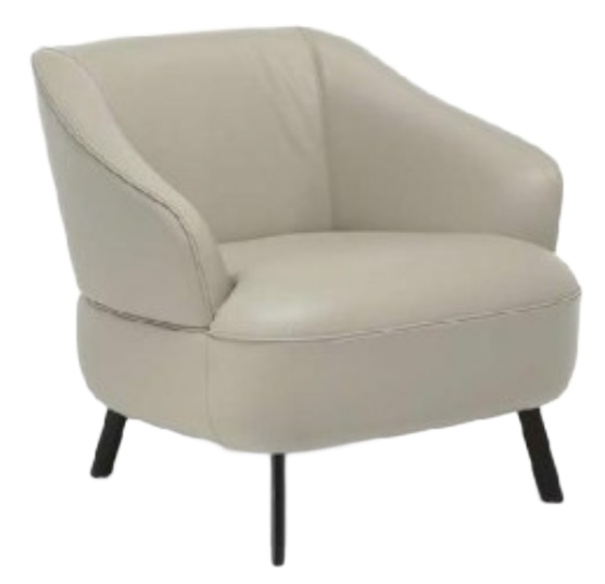 Cream-colored leather armchair with curved back and armrests, black legs.