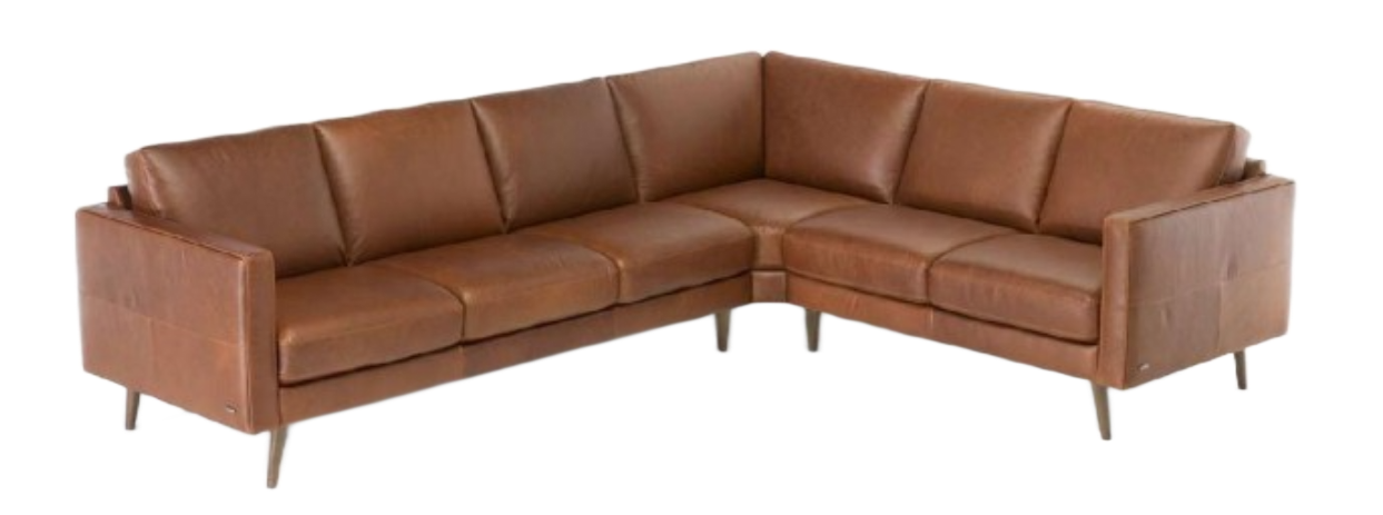 Brown leather sectional sofa with metal legs.