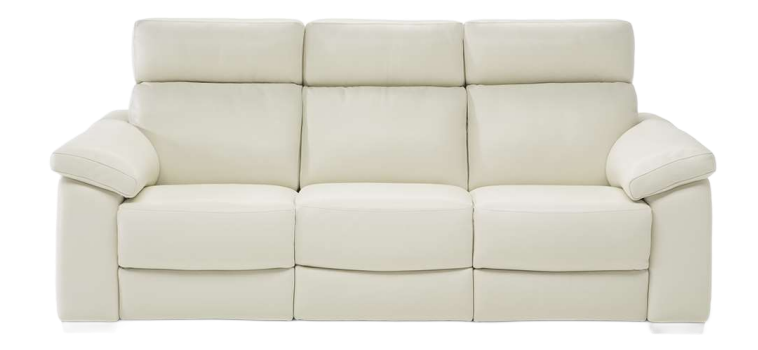 Cream-colored, three-seat reclining sofa on a white background.