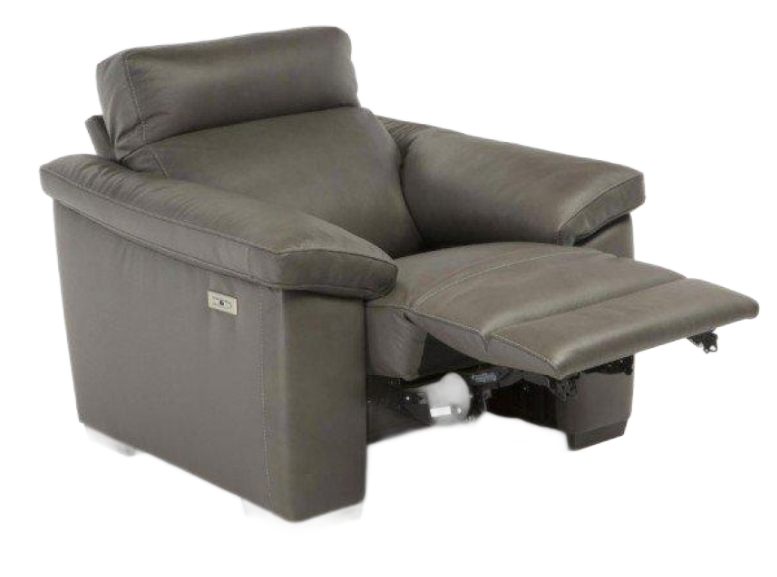 Gray leather recliner chair, footrest extended.