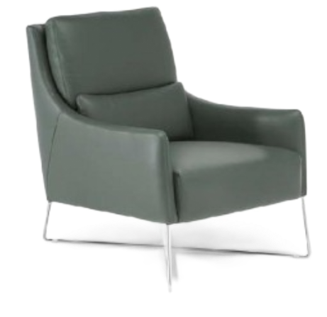 Gray leather armchair with a lumbar pillow, chrome legs, and curved arms.