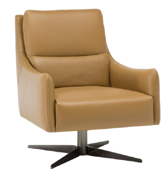 Gray leather armchair with a lumbar pillow, chrome legs, and curved arms.