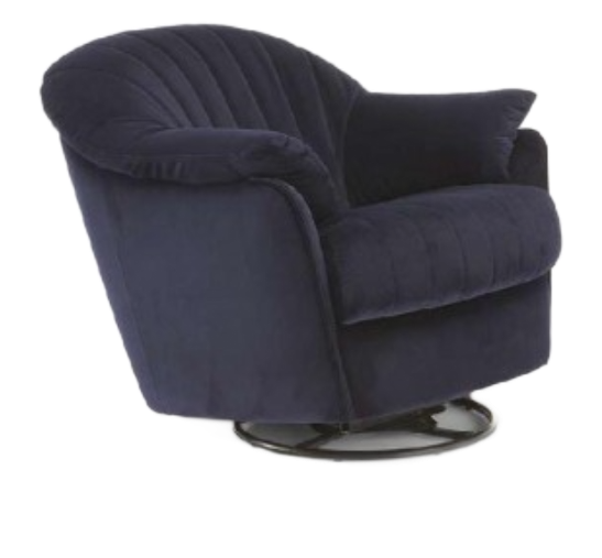 Navy blue velvet swivel armchair with pillow.
