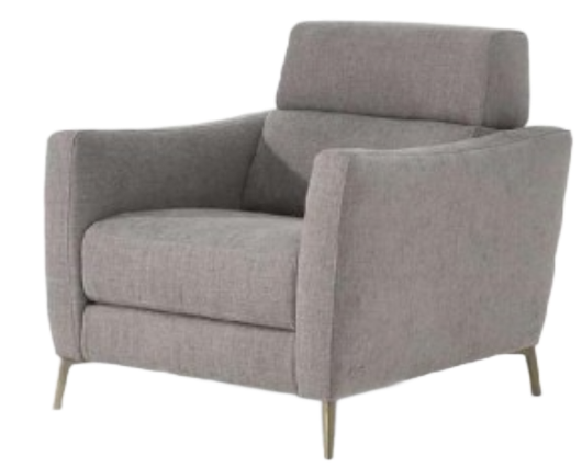 Gray upholstered armchair with high back and slim metal legs.
