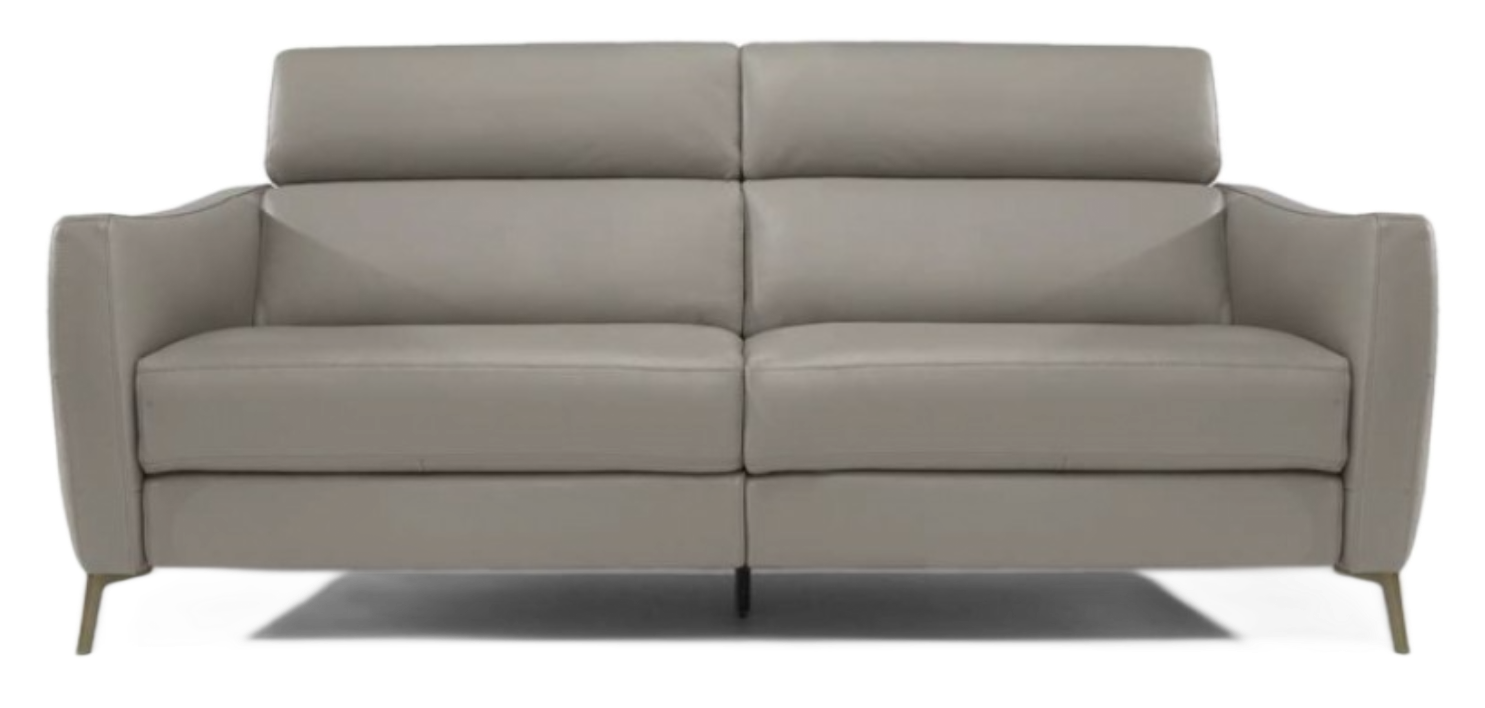 A gray leather loveseat with two adjustable headrests and thin metal legs.