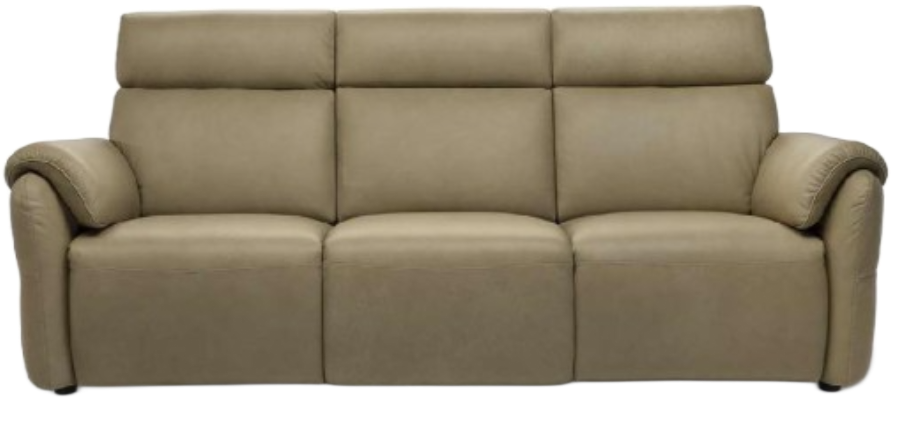 Beige leather loveseat with two reclining seats and padded arms.