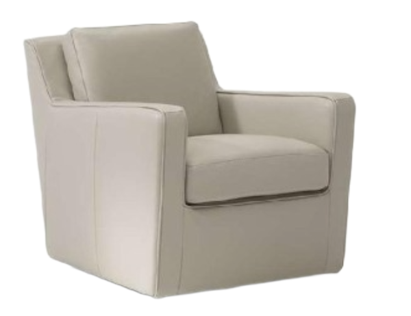 Beige upholstered swivel armchair.