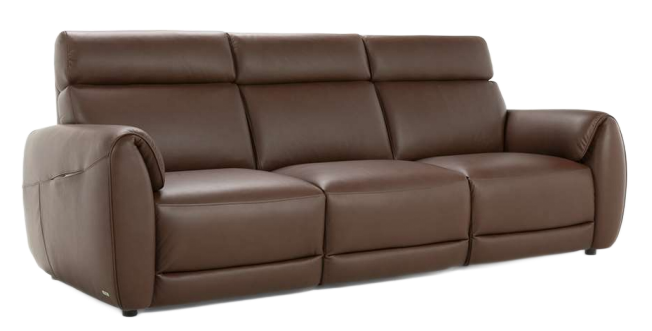 Blue, two-seat reclining sofa. Plush upholstery, rolled arms, and a divided back.
