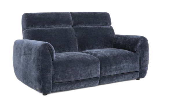 Blue, two-seat reclining sofa. Plush upholstery, rolled arms, and a divided back.