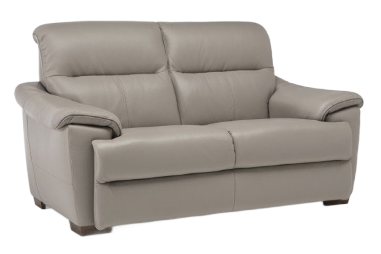 Light gray leather loveseat with two cushions and rolled arms on a white background.
