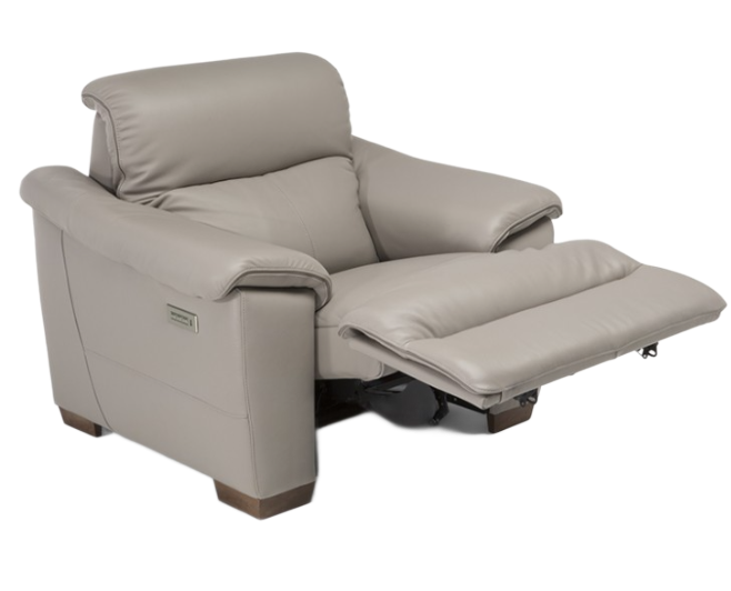 Light gray leather loveseat with two cushions and rolled arms on a white background.