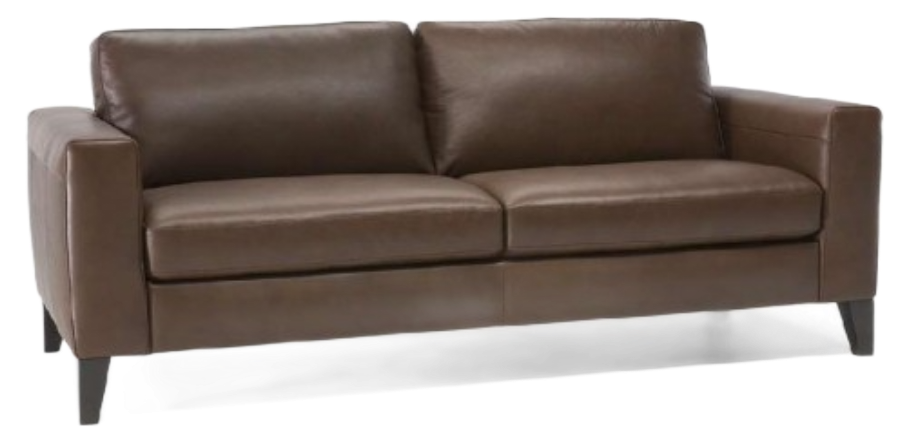 Brown leather two-seater sofa with rectangular arms and black legs.