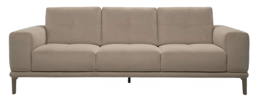 Brown leather sofa with button tufting and black legs.