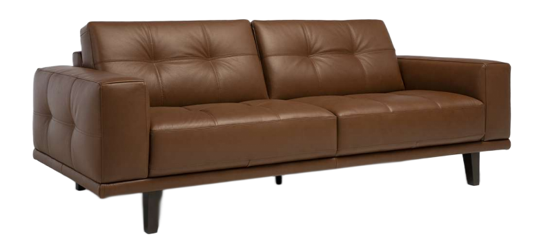 Brown leather sofa with button tufting and black legs.
