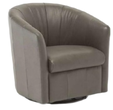 Gray leather barrel swivel chair.