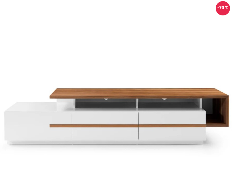 White and wood TV stand with drawers and open shelf; -30% sale tag.