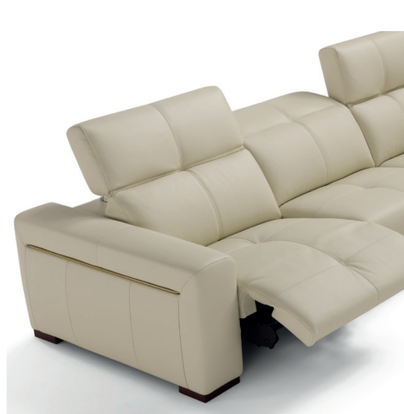 Cream-colored leather sectional sofa with adjustable headrests and reclining seats.