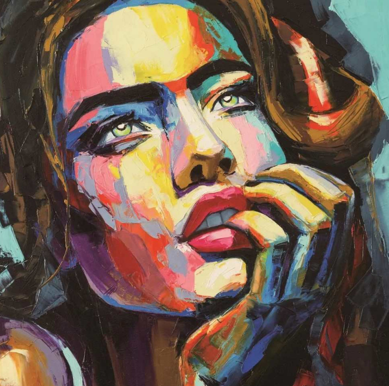 Woman with hand on face, looking up. Bold colorful paint strokes in shades of blue, yellow, pink, and purple.