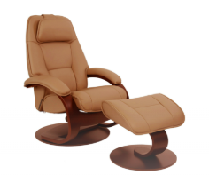Tan leather recliner chair with black base.