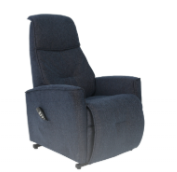 Blue recliner chair in upright position.