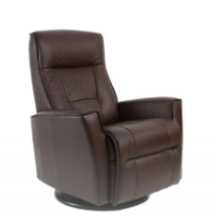 Brown leather recliner chair, swivel base, in a well-lit space.