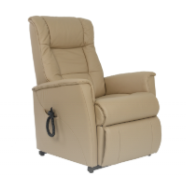 Beige upholstered recliner chair with pull handle on the side.