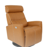 Tan leather recliner with a headrest and a swivel base.