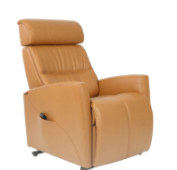 Tan leather recliner chair with headrest and armrests in a bright setting.